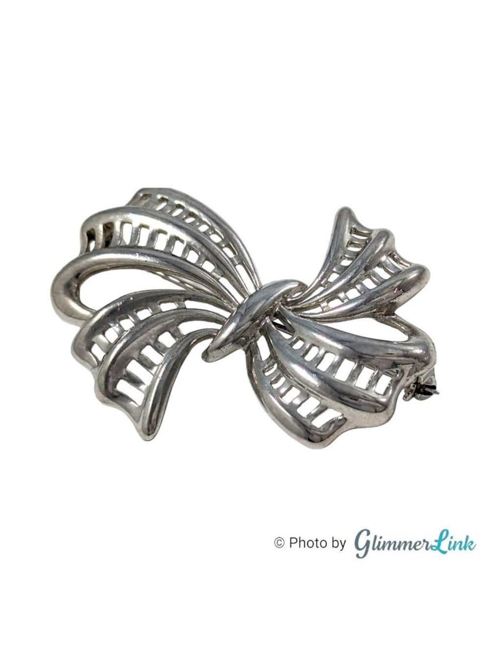 Vintage Silver Tone Openwork Ribbon Bow Brooch Pin 2 1/8 Inch